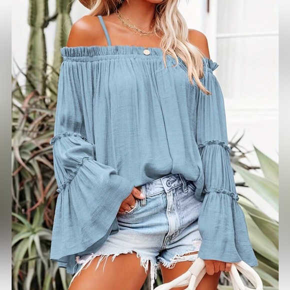 Boho Off Shoulder Flare Long Sleeve Top Blouse Shirt Black - Picture 15 of 16